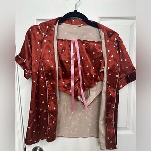 SHEIN Rust Red Satin Heart-Print Pajama Set with Pink Tie